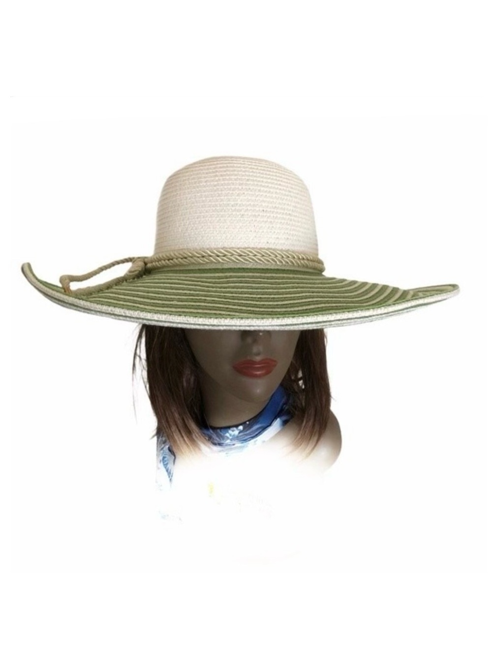 MAGID Wide Brim Straw Sun Summer Hat Ivory Green Floppy Paper